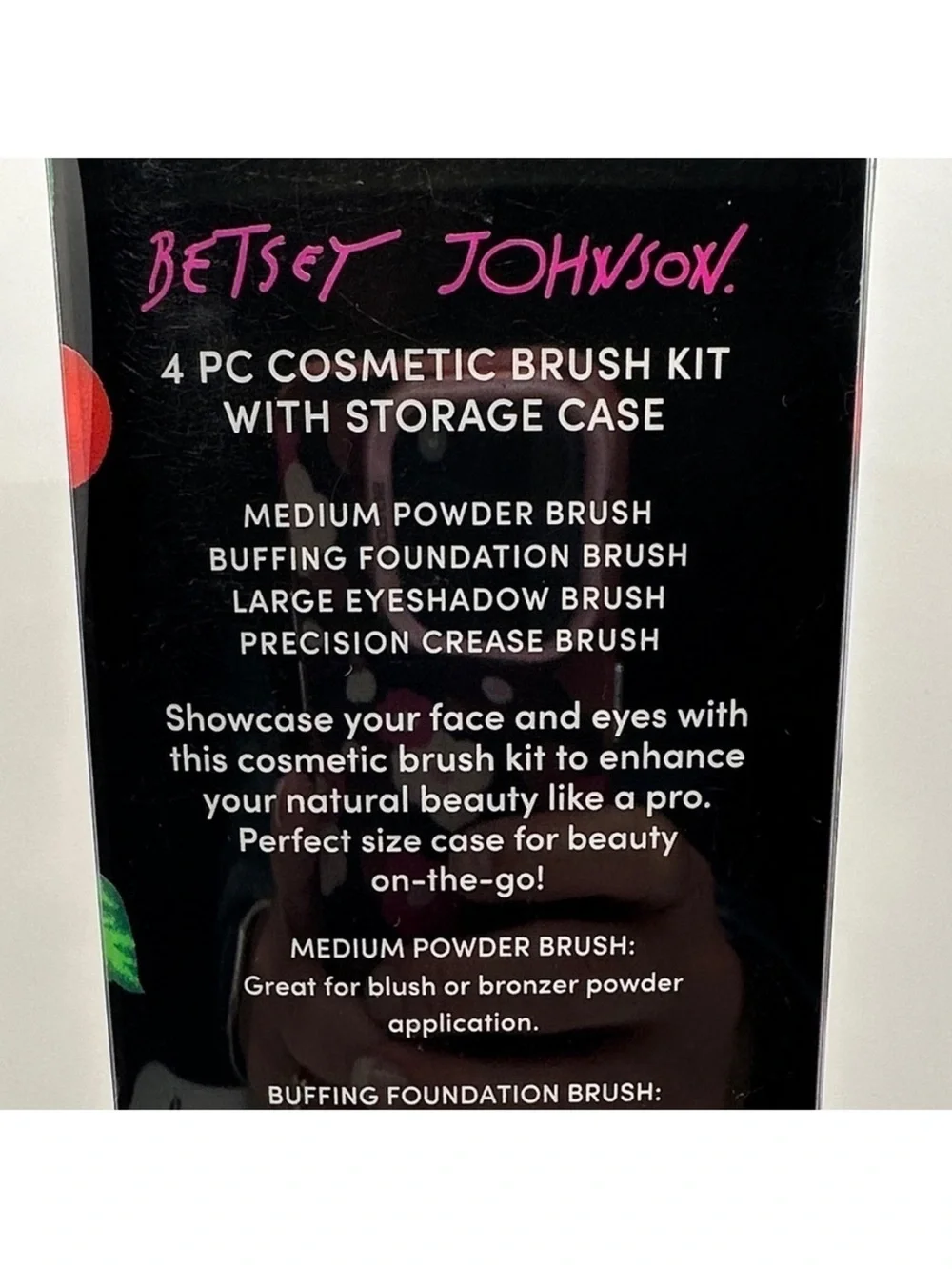 Betsey Johnson Cherry-Print 4-Piece Makeup Brush Set in Hot Pink & Black
